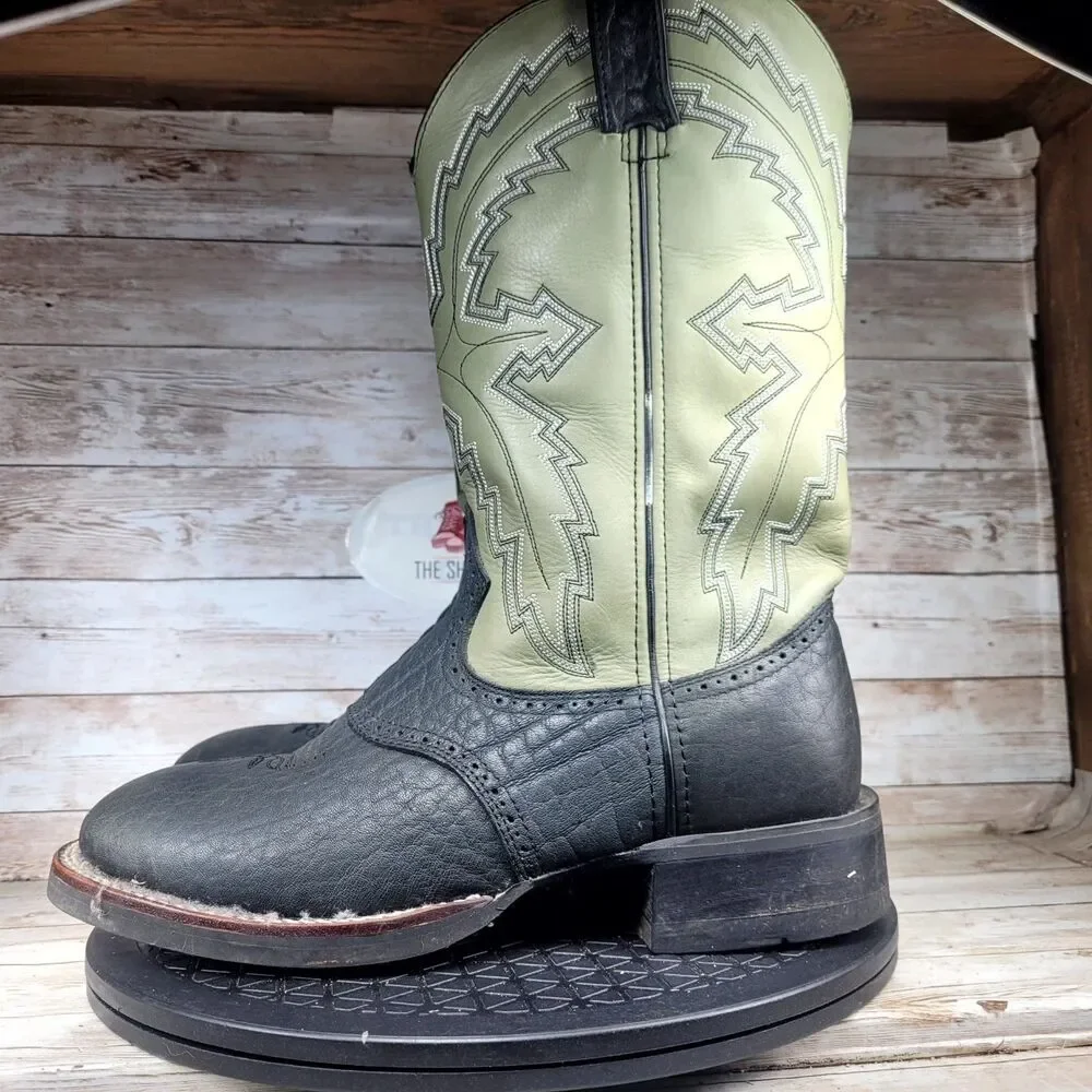 Durango Cowboy Western Boots Men's Size 8 Black Green Leather Round Toe Outdoor